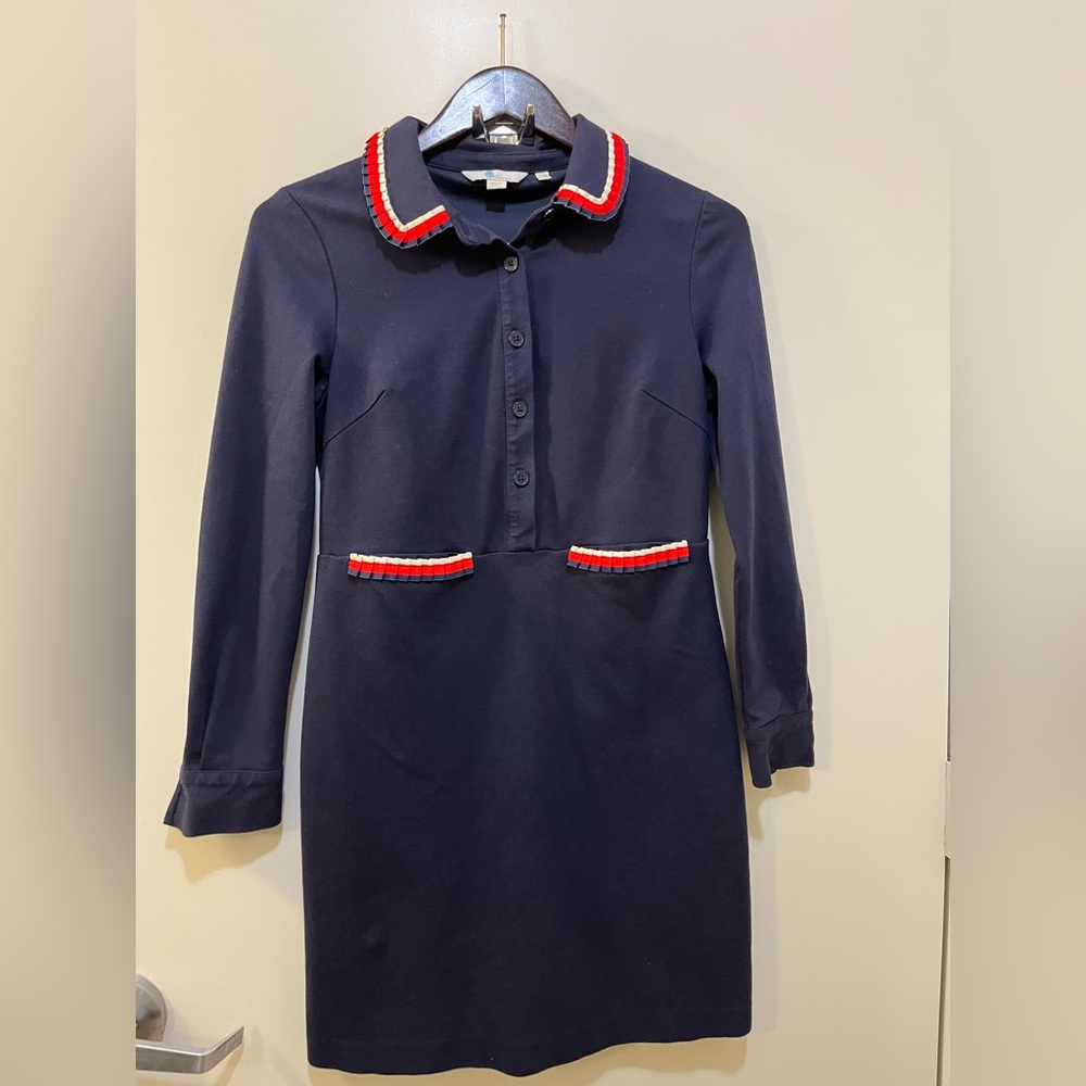 BODEN Navy Blue Shift Dress Red/White/ Blue Pleated Detail Neck & Pocket Size 6P